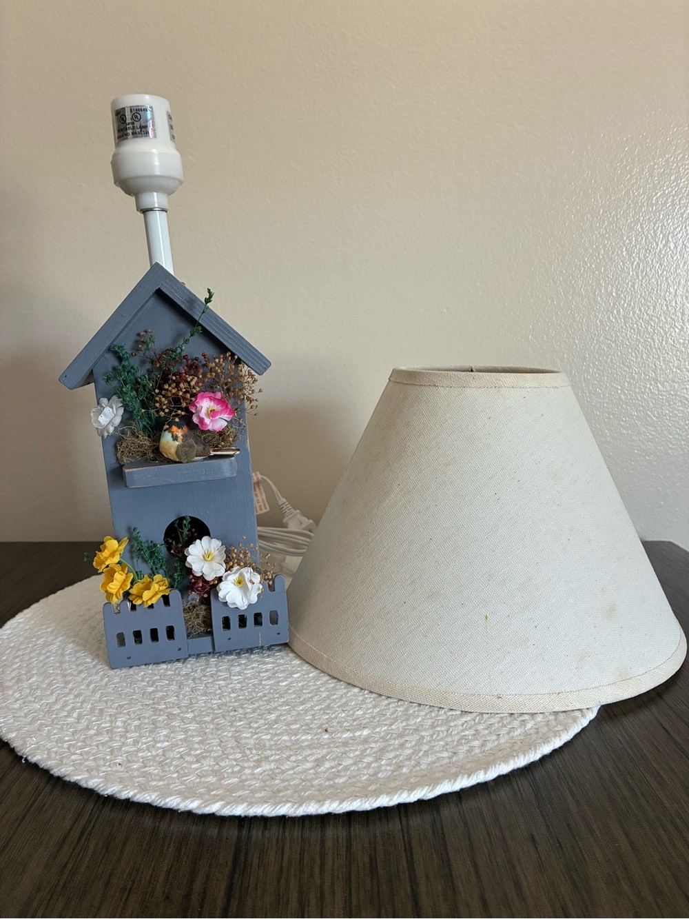 Handcrafted Gray Birdhouse Table Lamp with Cream Shade